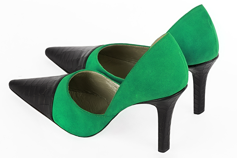 Satin black and emerald green women's open arch dress pumps. Pointed toe. Very high slim heel. Rear view - Florence KOOIJMAN
